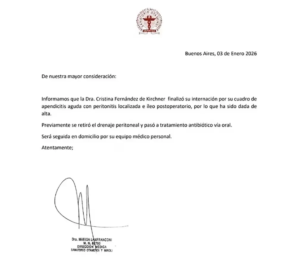 El parte médico de Cristina Kirchner