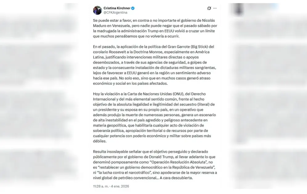 Cristina Kirchner rechazó la intervención de EE. UU. en Venezuela y la captura de Nicolás Maduro.