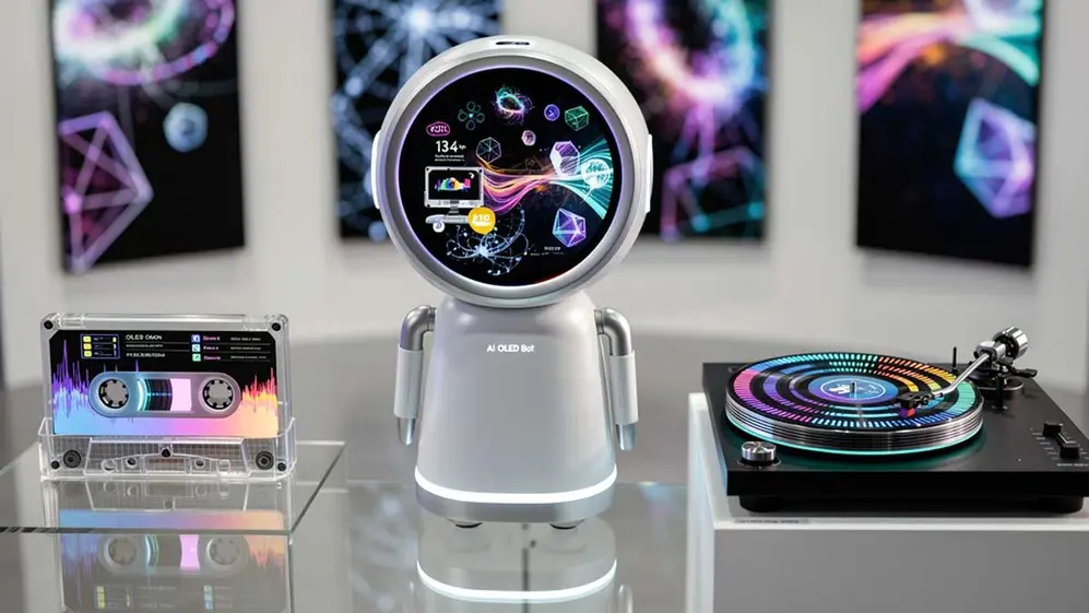 El robot de Samsung junto a objetos retro.