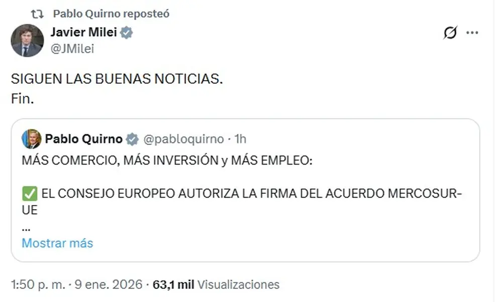 Javier Milei celebró el acuerdo comercial entre el Mercosur y la Unión Europea