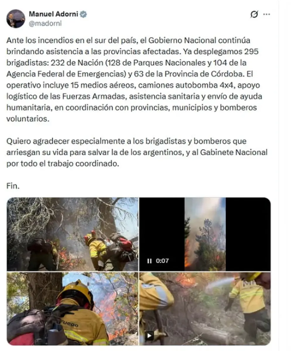 El mensaje de Manuel Adorni sobre la asistencia del Gobierno en zonas afectadas por incendios.