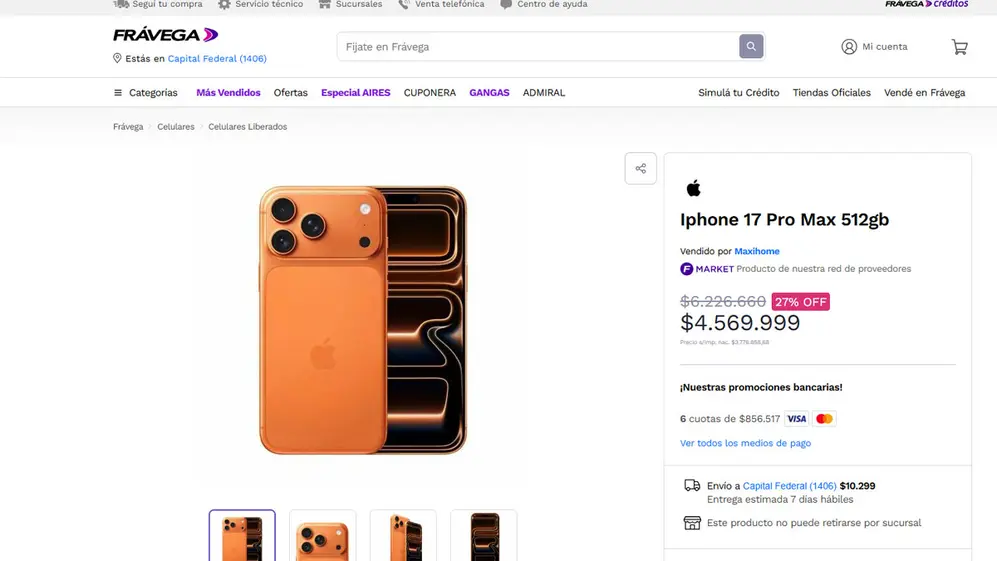 iPhone 17 Pro Max en Frávega el 14 de enero.