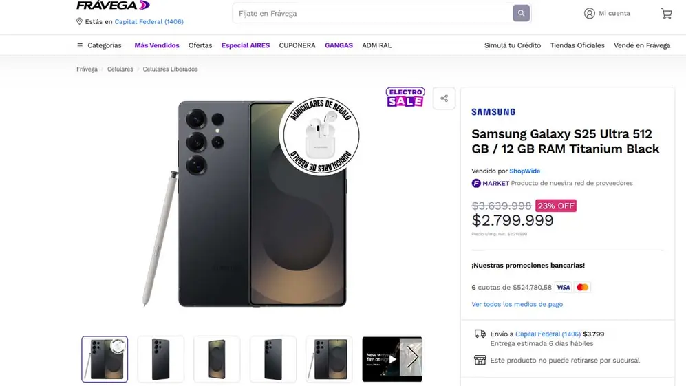 El Samsung Galaxy S25 Ultra en Frávega el 14 de enero.