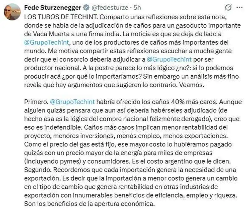 El mensaje de Federico Sturzenegger tras la licitación clave que perdió Techint