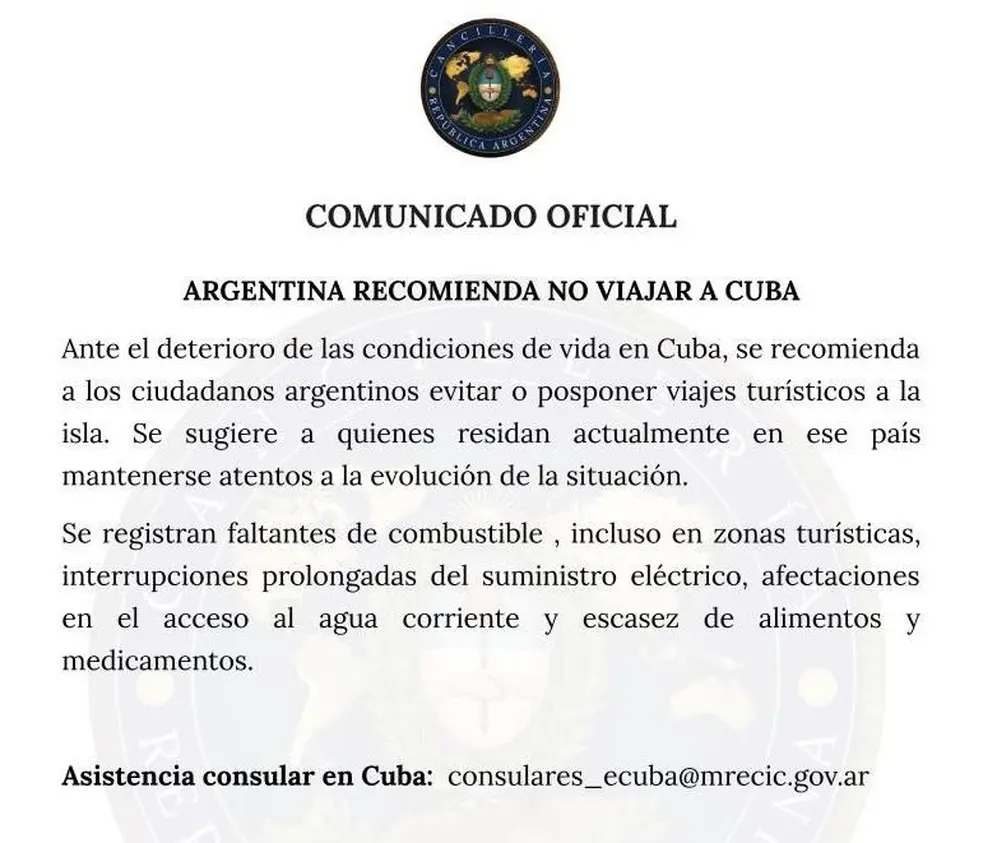 El comunicado de Cancillería sobre los viajes a Cuba