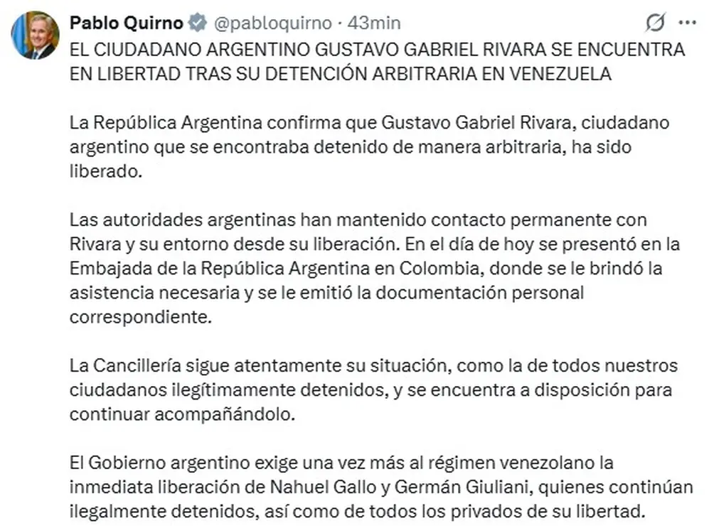 El mensaje del canciller Pablo Quirno