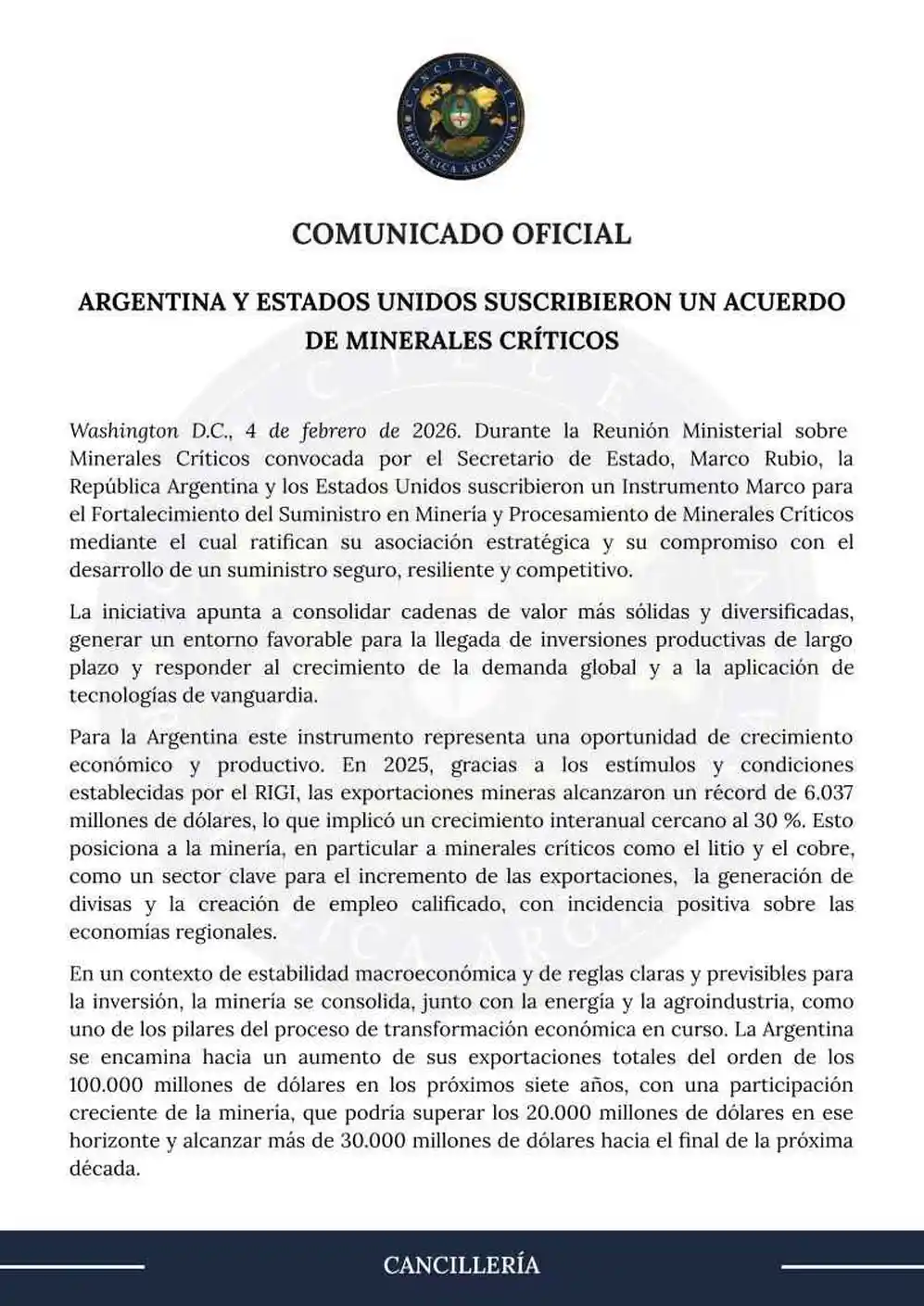 El comunicado de Cancillería sobre el acuerdo de Estados Unidos