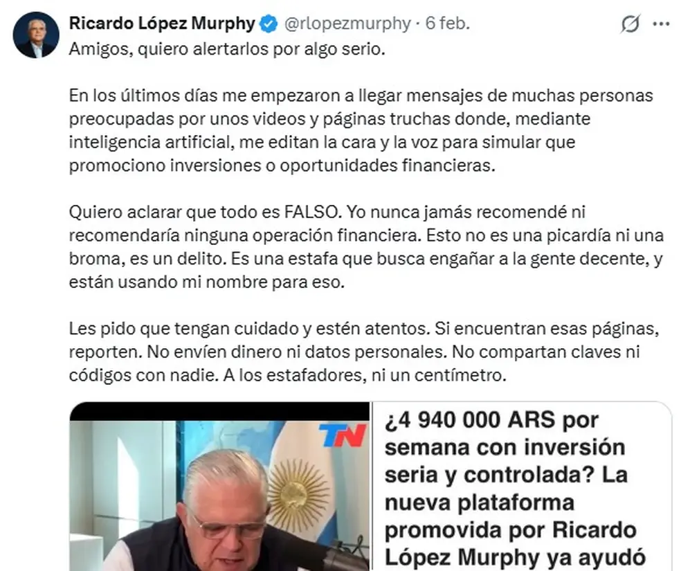 El mensaje de Ricardo López Murphy sobre el video editado con IA