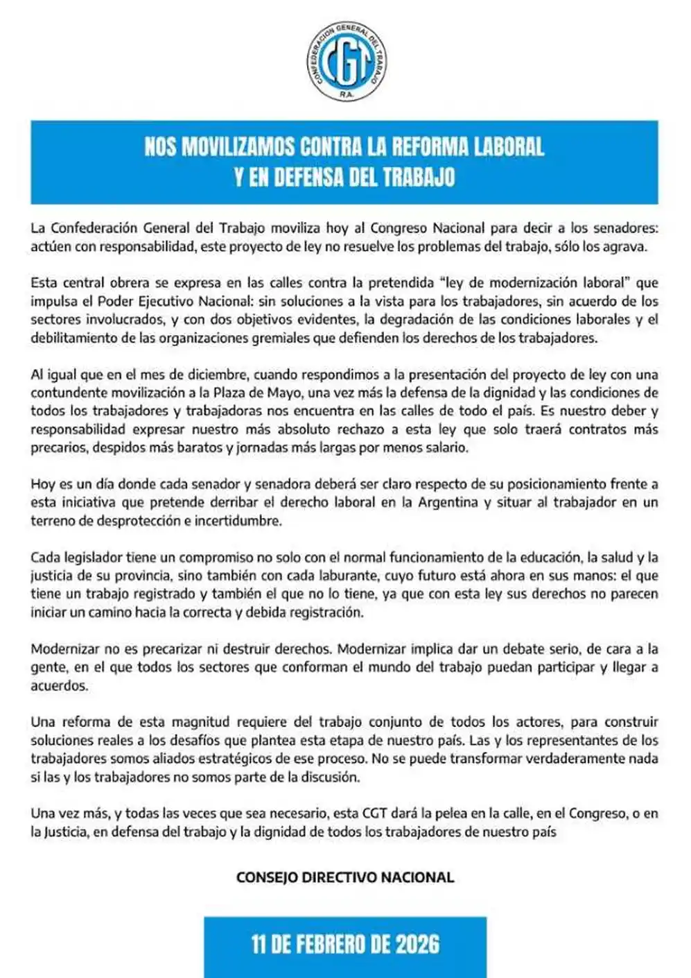 El comunicado de la CGT por la reforma laboral