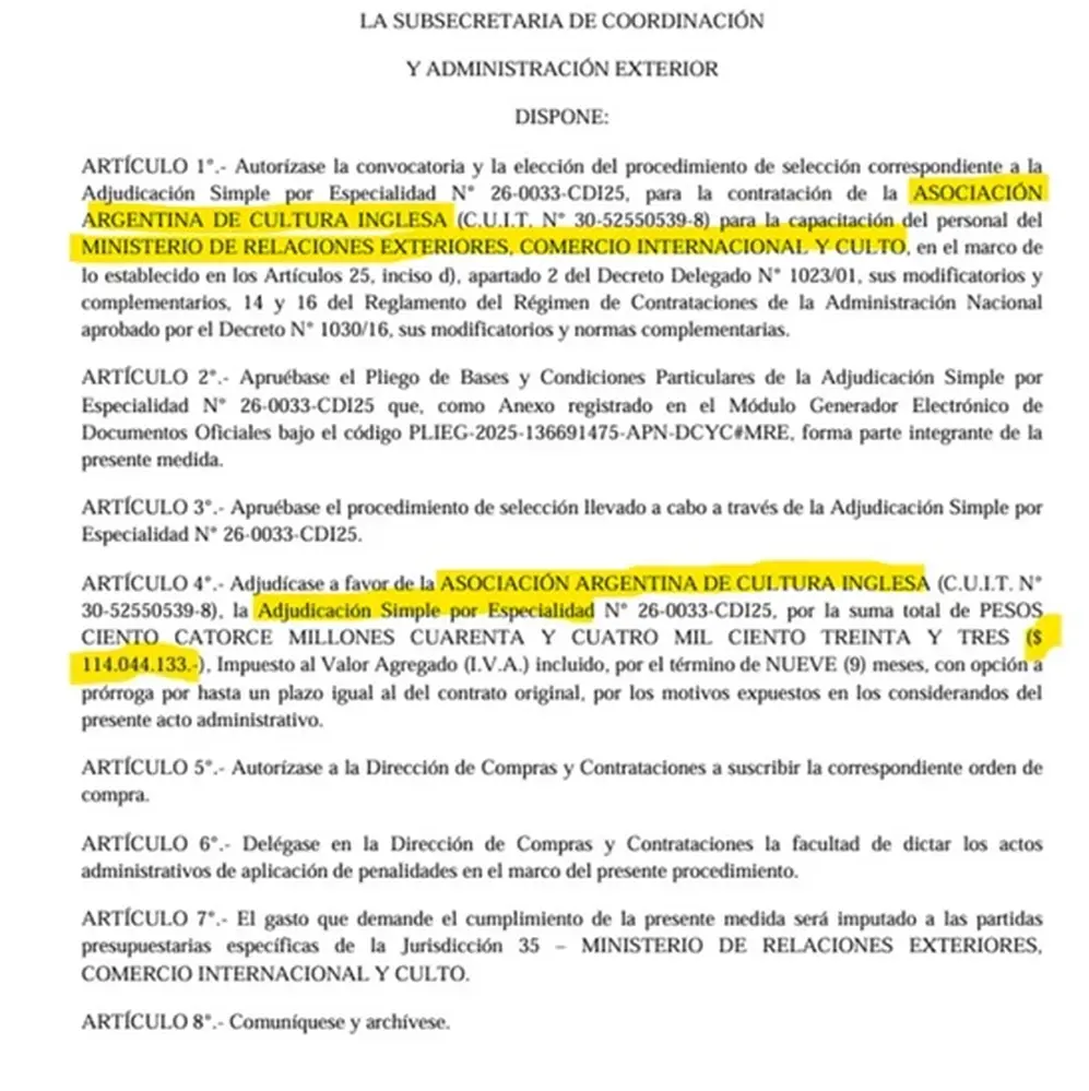 Cancillería: millonaria adjudicación a la asociación que dirige la esposa de Sturzenegger
