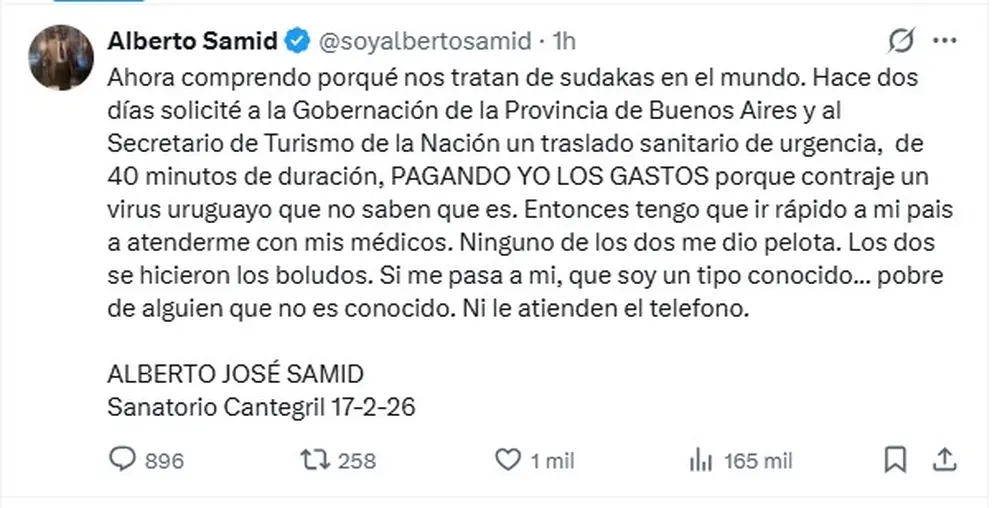 El mensaje de Samid desde la clínica en Uruguay