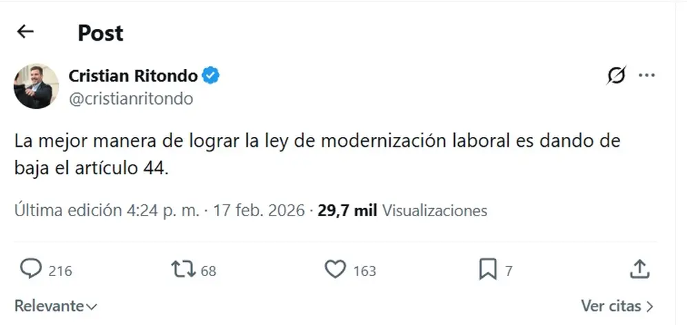 Cristian Ritondo, manifestó reparos sobre el contenido del artículo 44