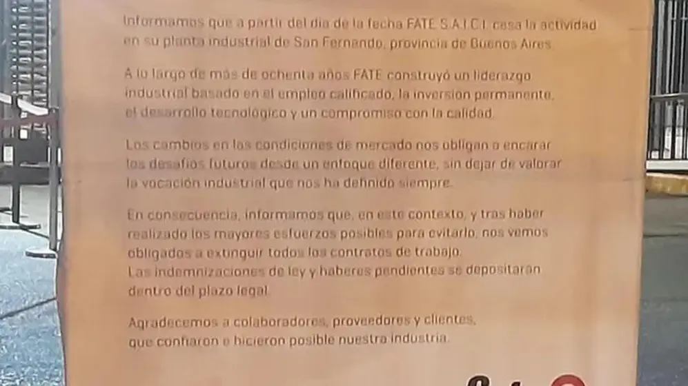 Comunicado trabajadores de FATE