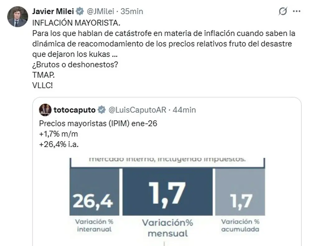 El mensaje de Javier Milei tras el dato de inflación mayorista