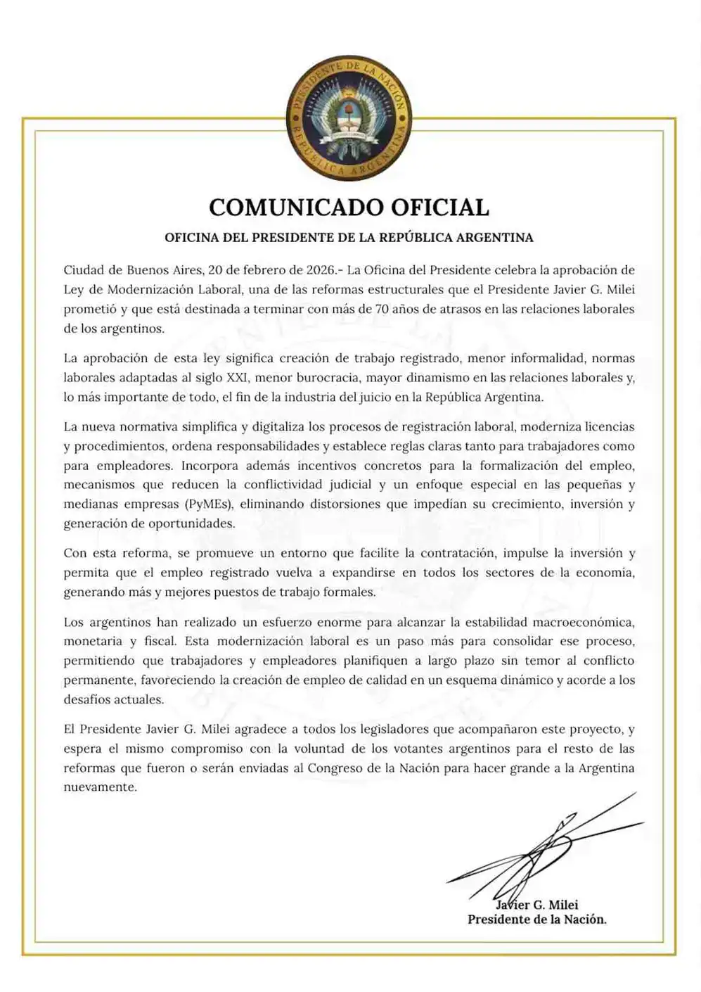 Comunicado del Gobierno tras la reforma laboral