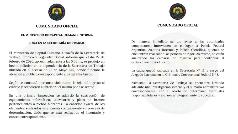 El comunicado oficial del Ministerio de Capital Humano sobre el robo registrado esta madrugada