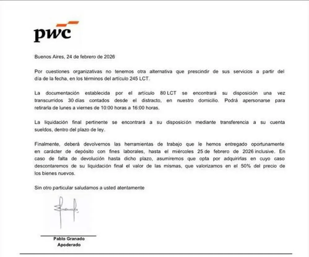 El comunicado de PwC que enviaron a algunos empleados