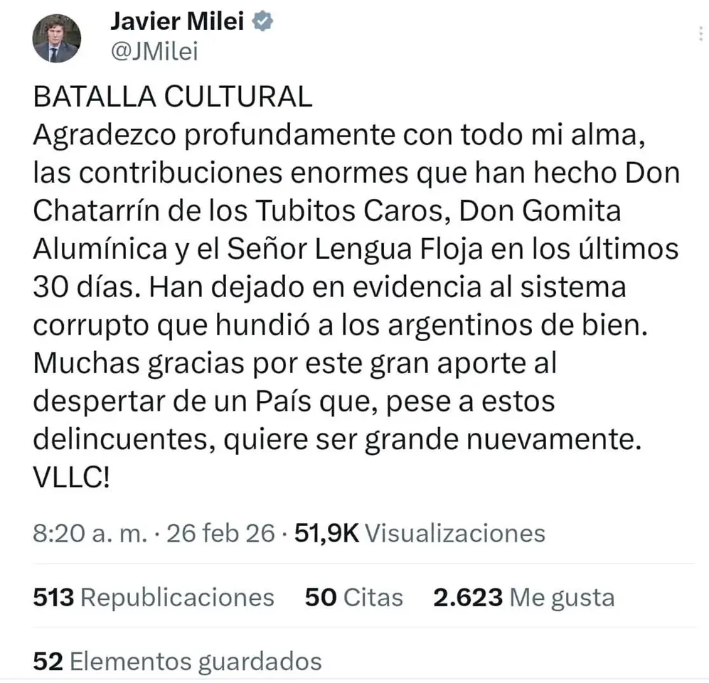 El tuit de Milei contra dos empresarios