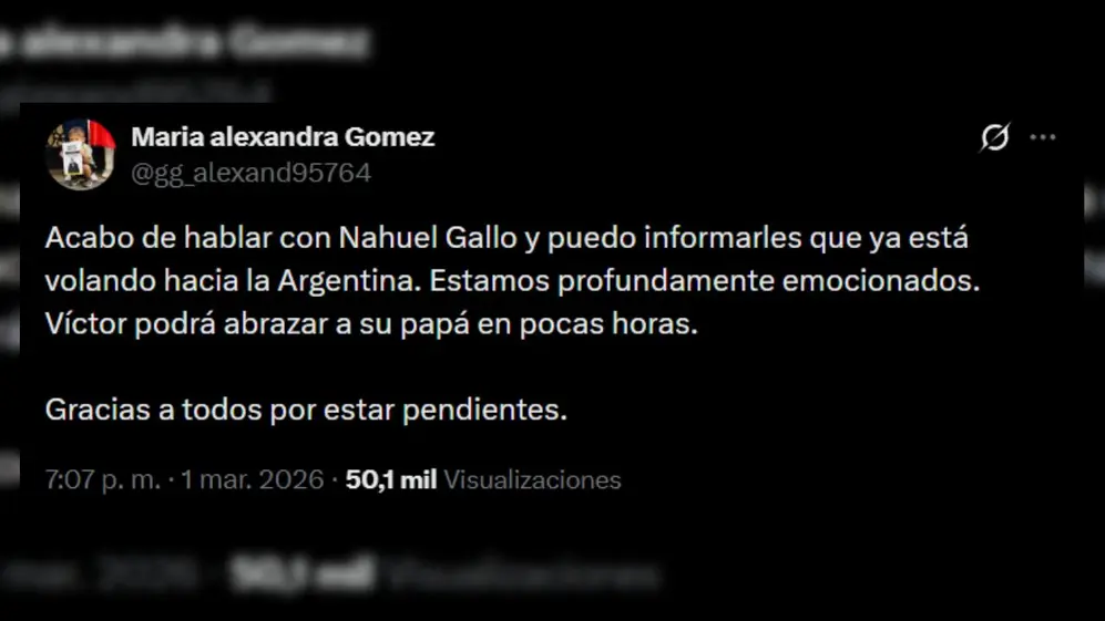 El mensaje de la pareja de Nahuel Gallo confirmando su liberación