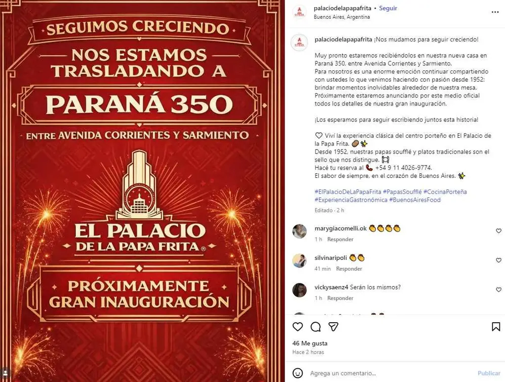 El mensaje que anunció la nueva dirección de El Palacio de la Papa Frita en sus redes sociales