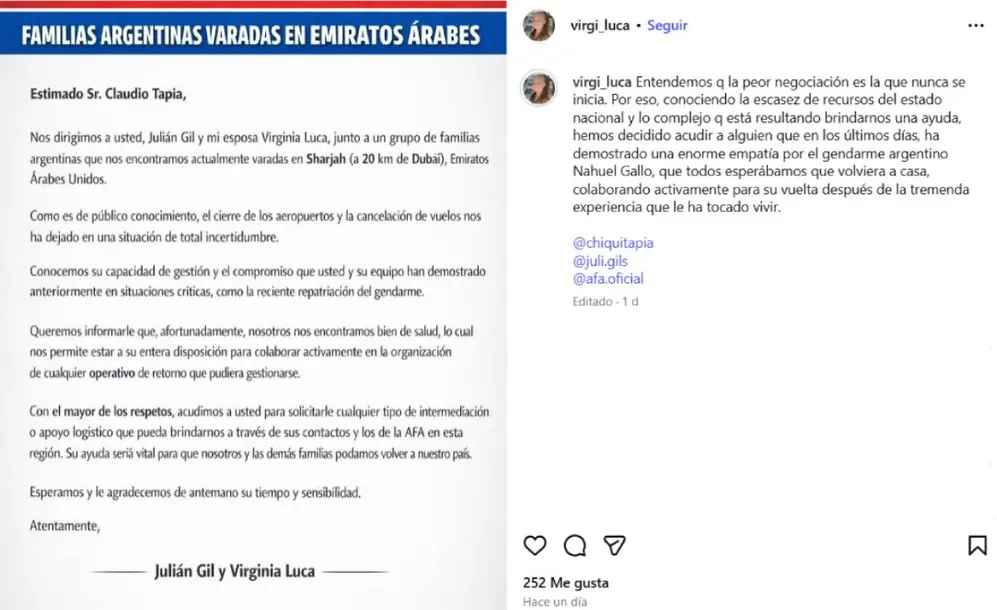 El posteo público con la carta dirigida a Chiqui Tapia: argentinos en Emiratos piden ayuda a la AFA