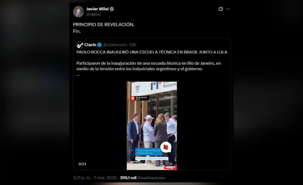 El tuit de Milei citando el video de Paolo Rocca con Lula