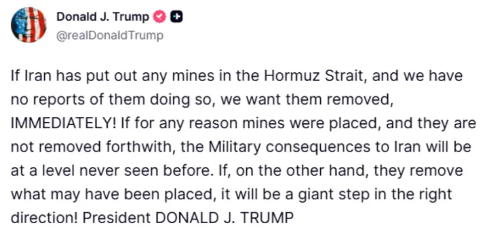 Trump lanzó una dura advertencia contra Irán, que no descarta colocar minas en el Estrecho de Ormuz.