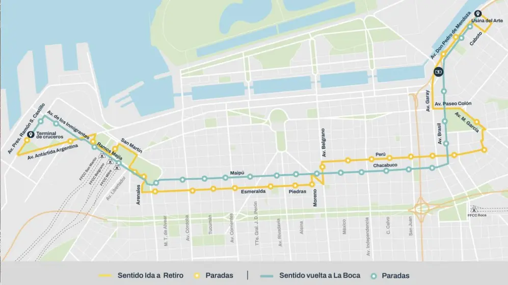 El mapa con el recorrido del eBus los fines de semana, donde llegará hasta la Usina del Arte