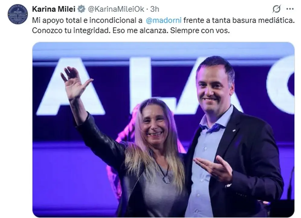 Karina Milei respaldó a Manuel Adorni en X