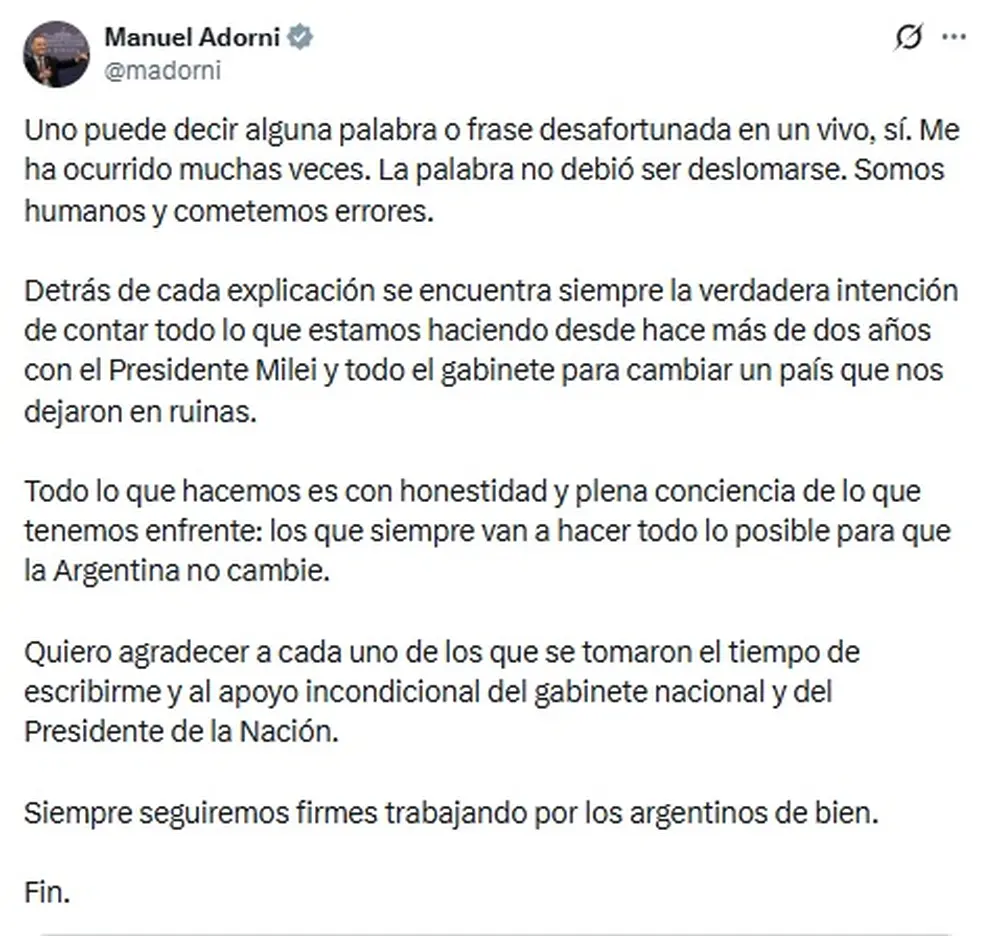 El mensaje de Adorni luego de la polémica