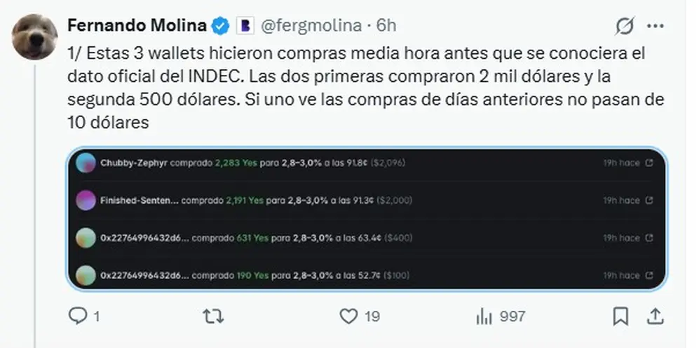 Otros de los mensajes que alertaron por movimientos sospechosos