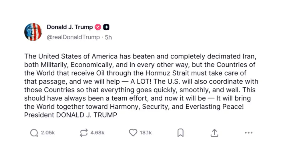 Uno de los posteos de Trump acerca del estrecho de Ormuz
