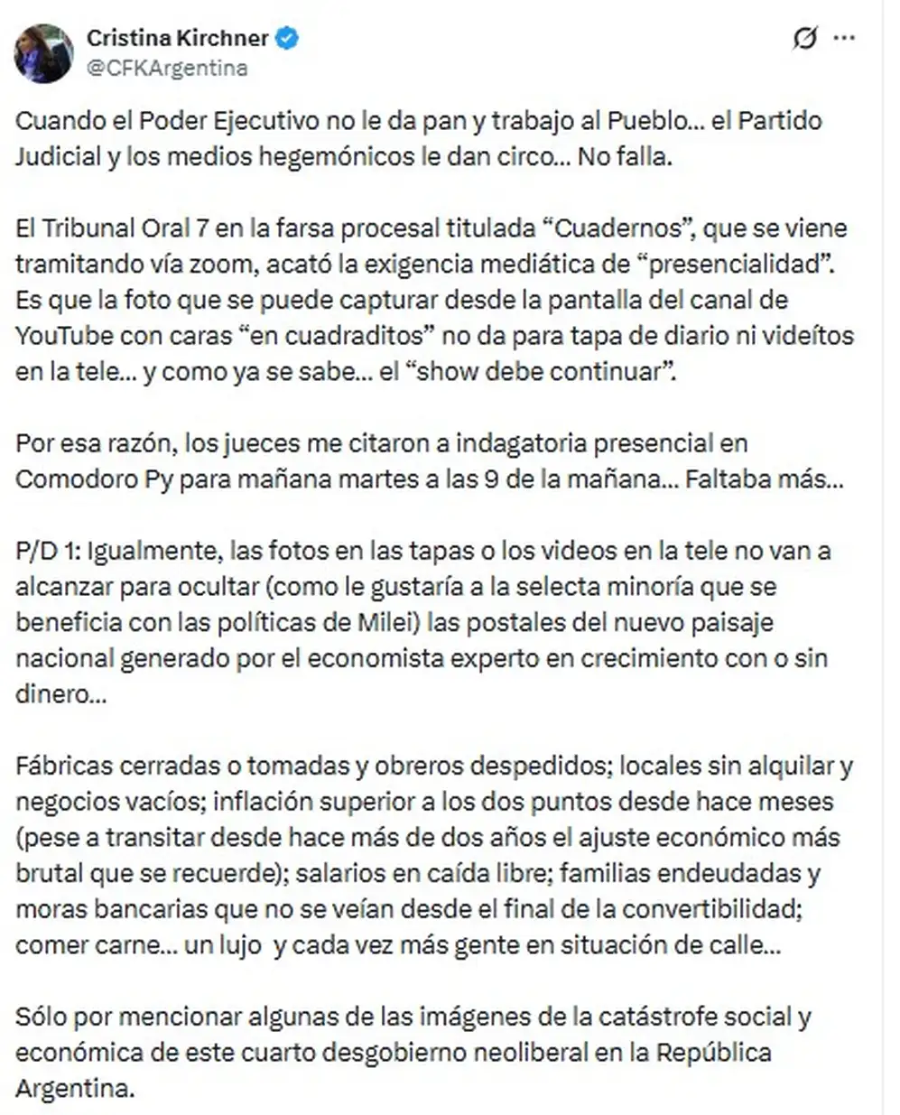Cristina Kirchner rompió el silencio, luego de más de un mes sin mensajes en redes
