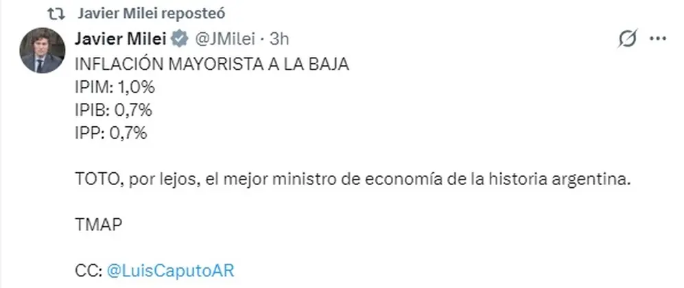 El mensaje de Javier Milei tras el dato de inflación mayorista