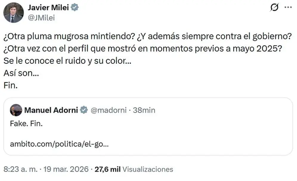 El mensaje de Javier Milei ratificando que Adorni seguirá en su cargo