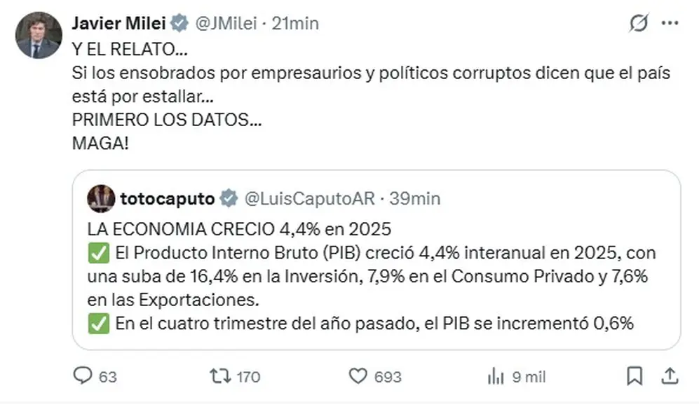 El mensaje de Javier Milei y Luis Caputo tras el dato del PBI