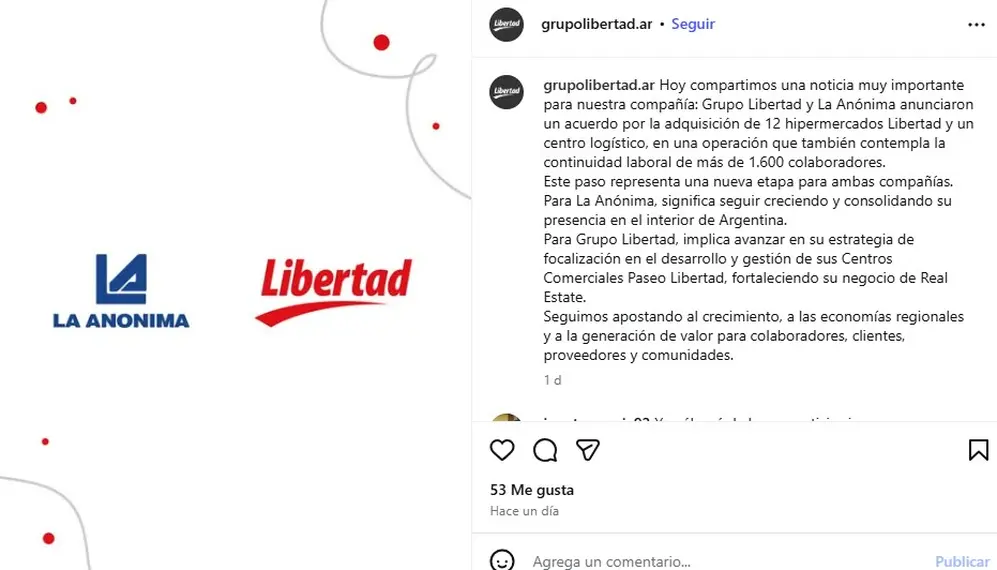 El acuerdo entre los supermercados La Anónima y Grupo Libertad, publicado en sus redes