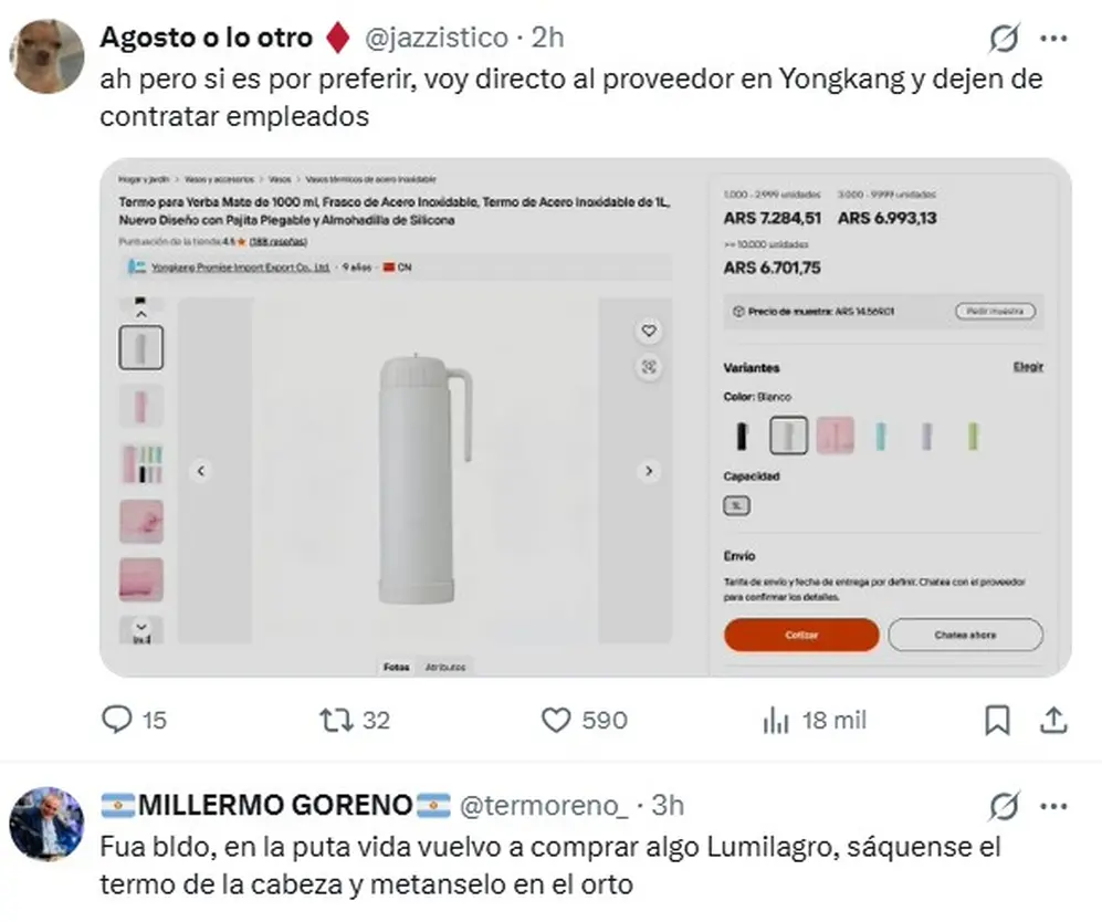 Algunos de los mensajes contra la marca de termos Lumilagro