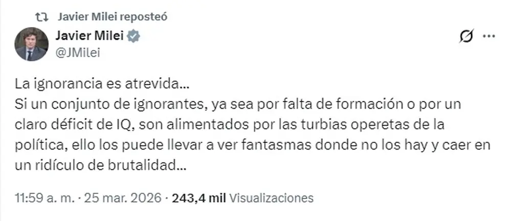 Uno de los mensajes de Javier Milei para respaldar a Manuel Adorni