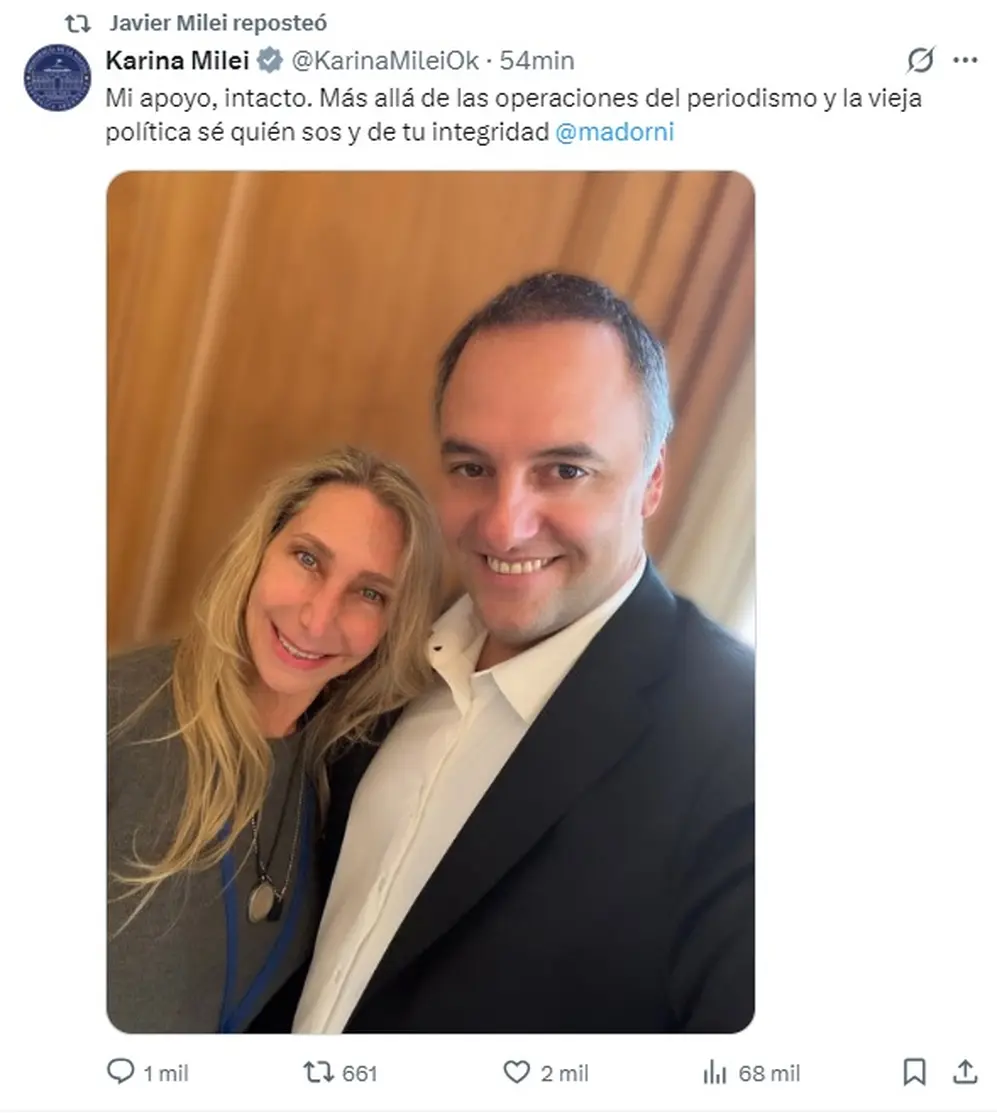 Karina Milei salió a bancar al Jefe de Gabinete Manuel Adorni en redes