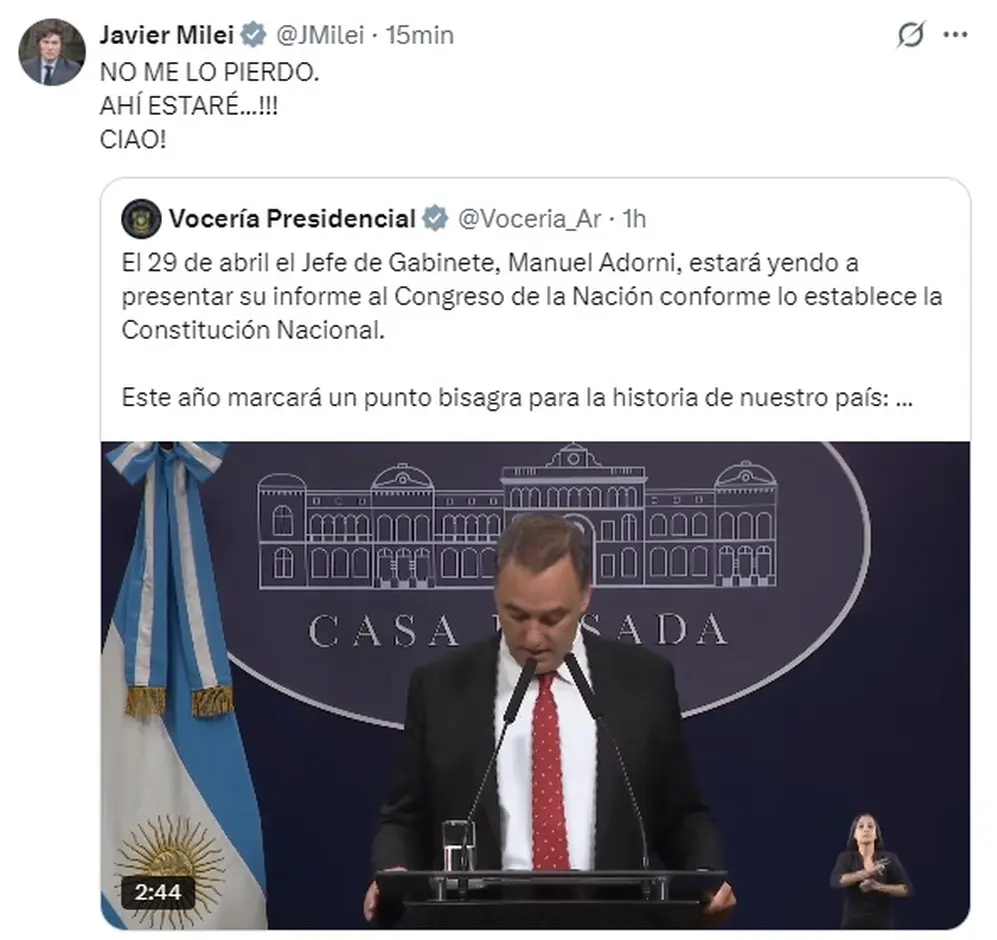 Otro de los tuits del Presidente, en respaldo a Adorni