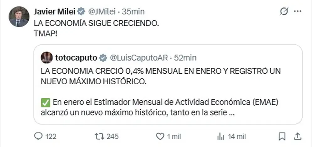 Javier Milei celebró el dato del EMAE de enero