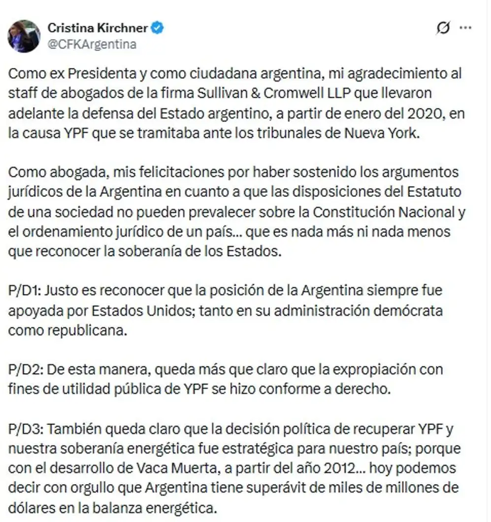 El tuit de la expresidenta tras el fallo por YPF