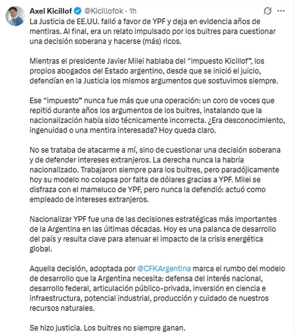 El mensaje de Axel Kicillof tras el fallo por YPF