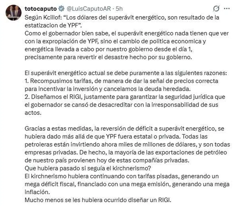 El mensaje de Luis Caputo contra Axel Kicillof, por el debate por YPF