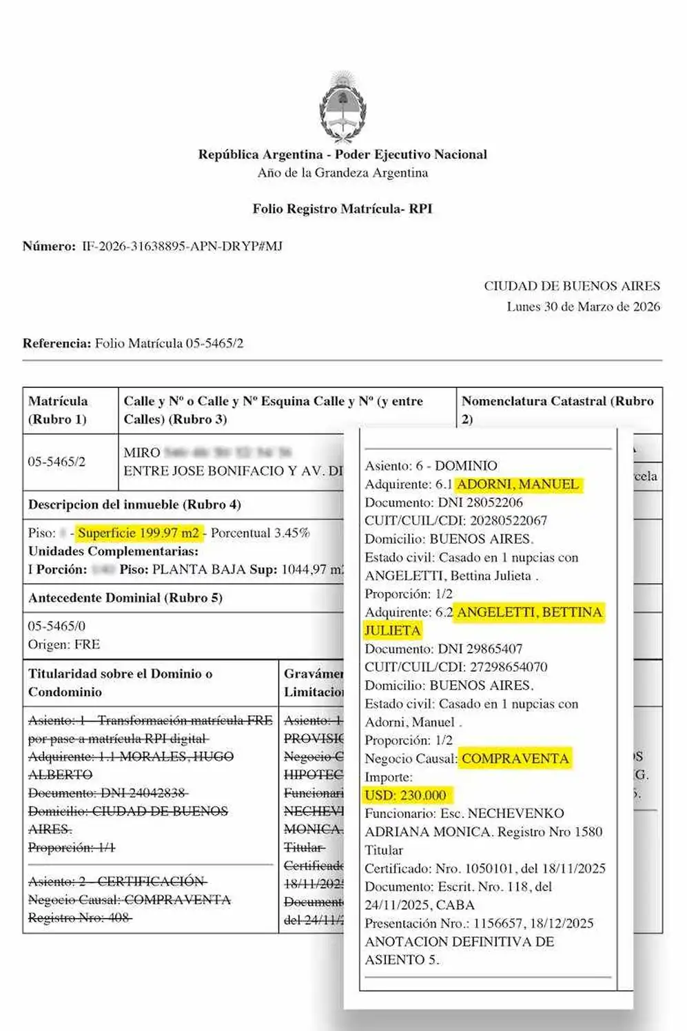 El documento sobre la compra del departamento de Manuel Adorni en Caballito