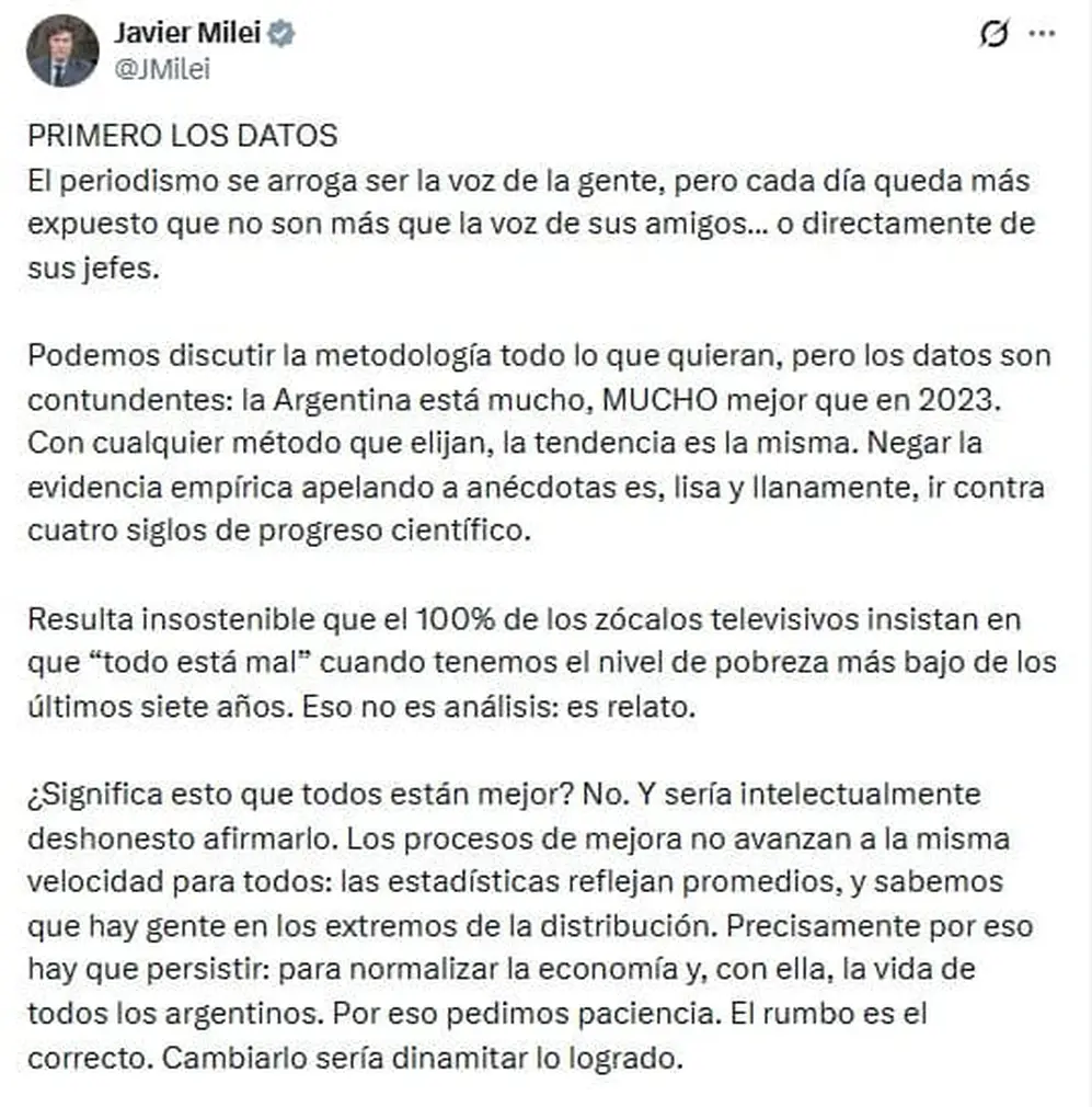 Parte del mensaje de Javier Milei en X