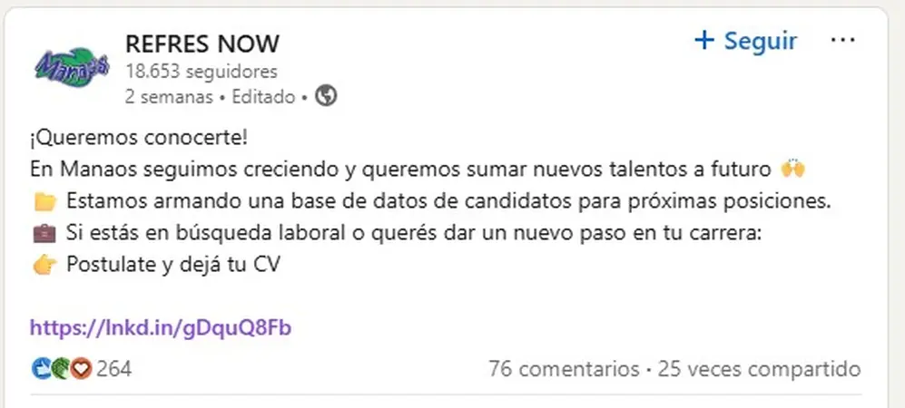 La publicación de Manaos en sus redes, convocando a quienes busquen sumarse a su base de datos
