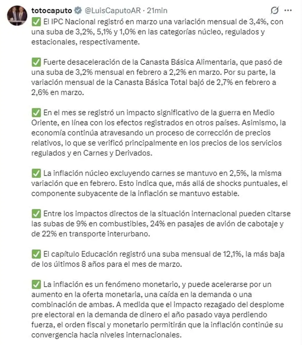 El mensaje de Luis Caputo tras el dato de inflación de marzo