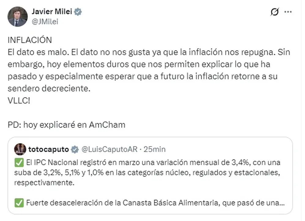 El contundente mensaje de Javier Milei tras la inflación